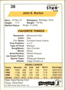 1992 Jockey Star #38 John E. Burton Back